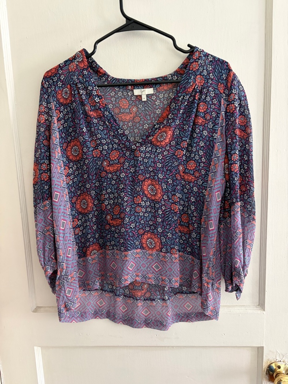Joie Floral V-Neck Blouse in Navy and Coral